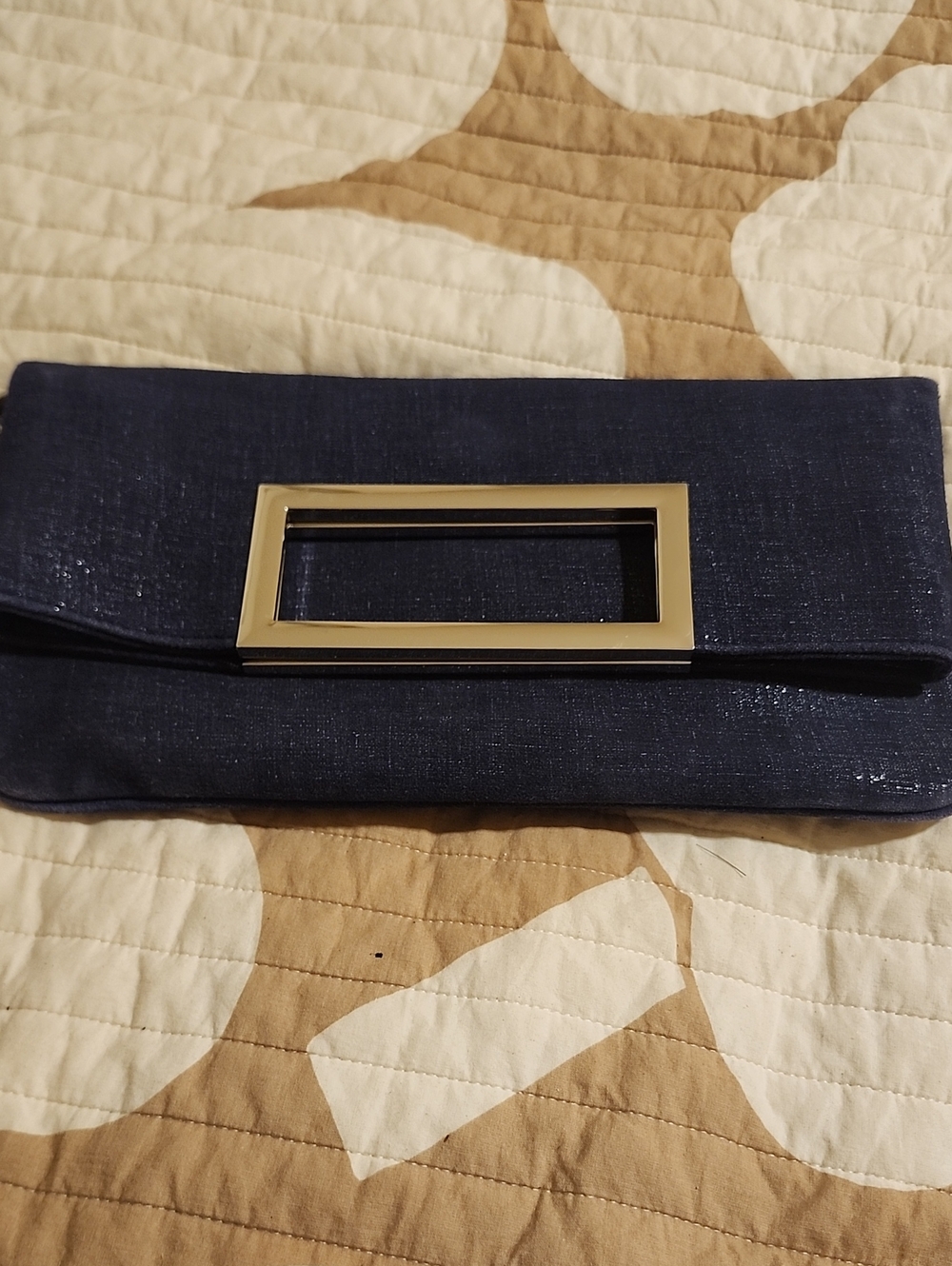 White House Black Market Navy Clutch with Gold Rectangle Hardware